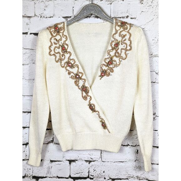 VINTAGE 80's Embellished Statement Maximalist Surplice Sweater Cream *M/L - Picture 1 of 6